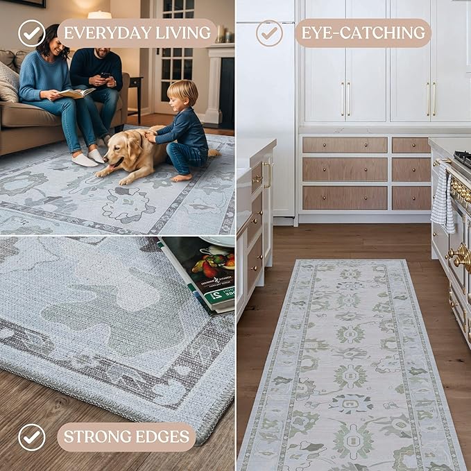 Fame Living Cream Beige Oushak Rug, Modern, Vintage, Turkish, Eclectic, Floral, Pastel, Washable, Large Area Rugs for Living Room, Dining, Bedroom, Girls, Boys, 7'5"x9'8"