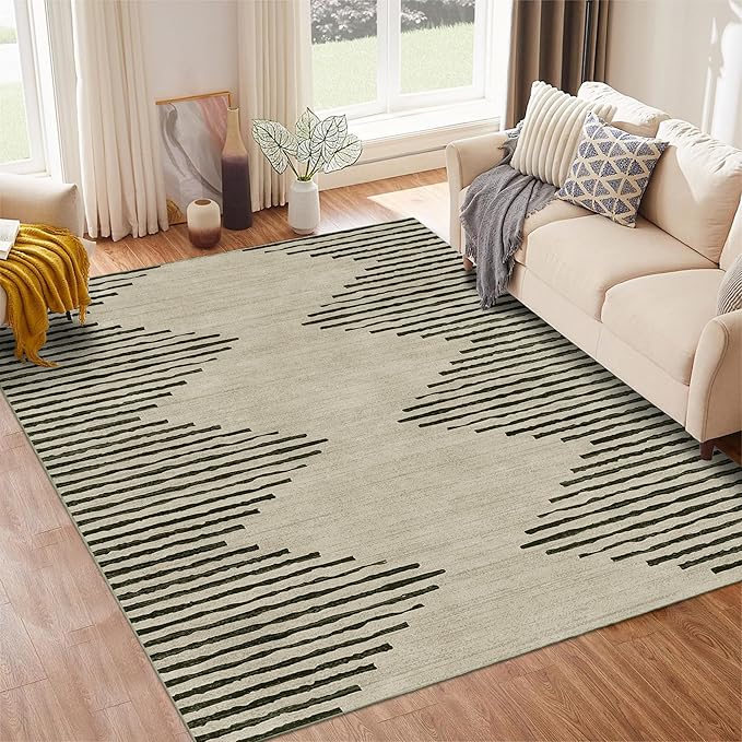 HelloTree Area Rug for Living Room 6x9 Washable Geometric Moroccan Rug Stripe Farmhouse Bohemian Minimalistic Non Slip Non Shedding Ultra Thin Soft Rug for Bedroom Office DiningRoom Nursery-Cream
