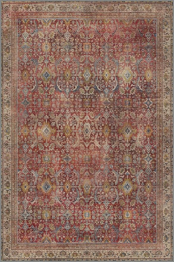 6x9 Area Rug Machine Washable Boho Rug for Living Room,Ultra-Thin Low Pile Carpet,Lightweight Indoor Printed Rug,Non Slip Floral Area Rug for Bedroom, Dining Room, Home Office,Burgundy Red