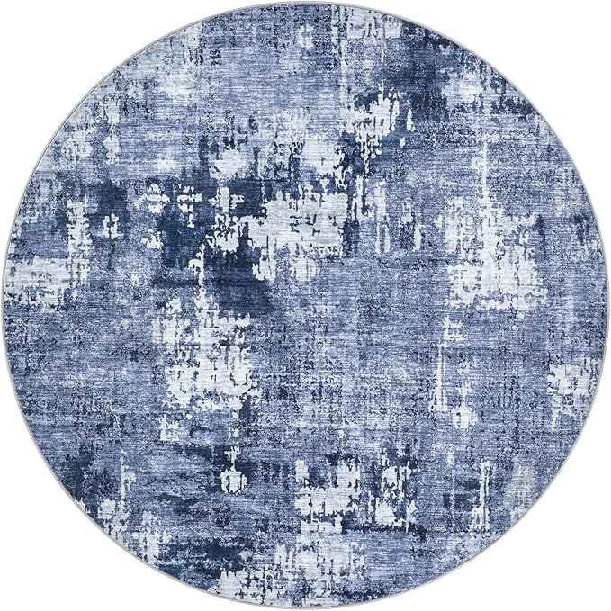 6ft Round Area Rug Living Room Rugs - 6x6 Washable Large Soft Indoor Neutral Modern Abstract Low Pile Rug Carpet for Bedroom Dining Room Farmhouse Home Office - Navy Blue