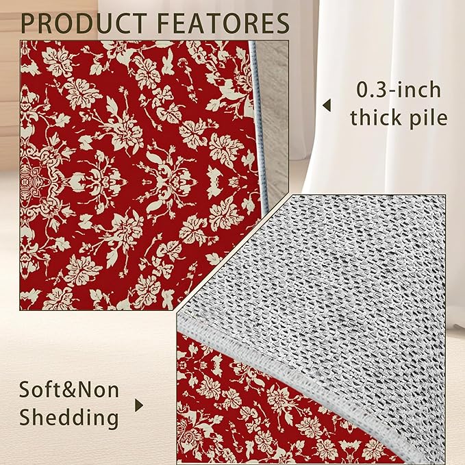 Red Flower Carpet for Living Room, 3x5 Non-Slip Washable Low Pile Abstract Design Rug, Space Saving Area Rug for Bedroom, Dining Room