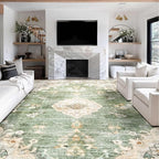 MUJOO 9’x12’ Area Rug Large Rugs for Living Room Green Rug for Bedroom Dining Room Boho Rug Washable Rug Non Slip Big Carpet Abstract Soft Low-Pile Floral Flowers