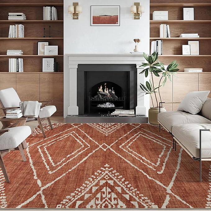 ReaLife Rugs Machine Washable Area Rug - Living Room Bedroom Bathroom Kitchen Entryway Office - Padded Low Pile Stain Resistant Premium - Moroccan Diamond Tribal - Jax - Orange 4' x 6'