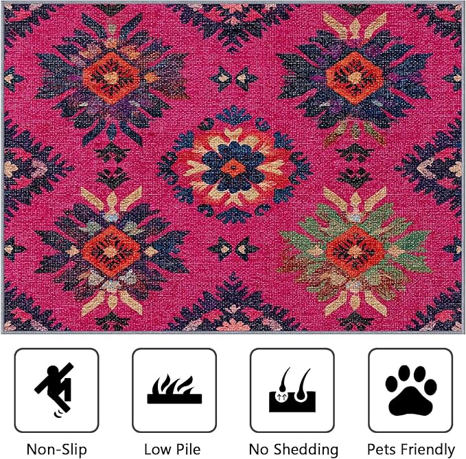 6x9 Rug Washable - Southwestern Rug for Bedroom, Ethnic Vintage Floral Medallion Non Slip Low Pile Area Rugs for Living Room, Southwestern Carpets Home Decor & Gifts