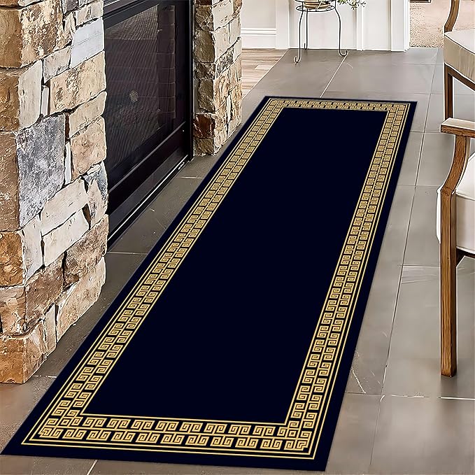 Modern Geometric Meandering Throw Carpet Runner for Entrance, 4x12ft, Orange Geometric Design Carpets for Entryway, Navy Blue Background Cozy Foldable Dirty Resistant Rug for Sofa Office