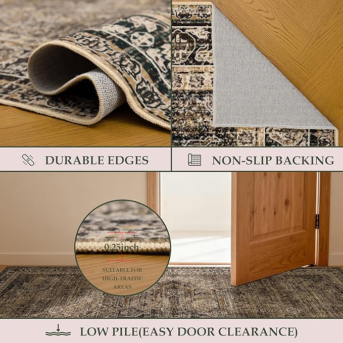 4x6 Washable Area Rug for Living Room, Carpet for Bedroom, Soft Faux Wool Retro Dining Room Rug, Non Slip&Non-Shedding Resistant Low Pile Vintage Print Rug for Home Office (Brown1)