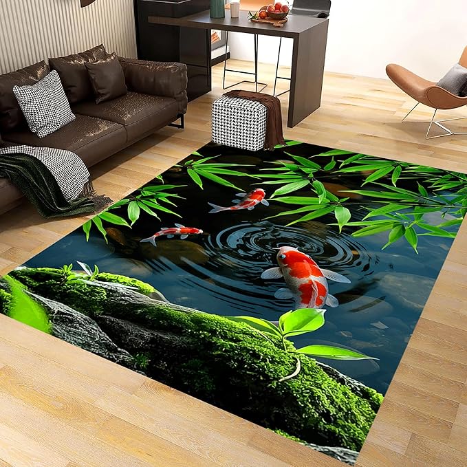 Pond Koi Fish Living Room Rug, 6x9ft, Summer Greenery Moss Stream Indoor Decor Carpet, with Non-Slip Backing Absorbent Thin Mat, Soft Easy Clean Washable Rugs for Office Entryway