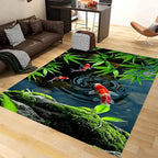 Pond Koi Fish Living Room Rug, 5x8ft, Summer Greenery Moss Stream Indoor Decor Carpet, with Non-Slip Backing Absorbent Thin Mat, Soft Easy Clean Washable Rugs for Office Entryway