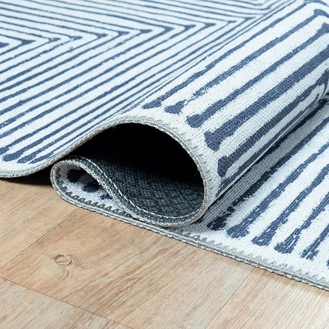 Bloom Rugs Washable Non-Slip 10x14 Rug - Blue/Ivory Striped Area Rug for Living Room, Bedroom, Dining Room, and Kitchen - Exact Size: 10' x 14'