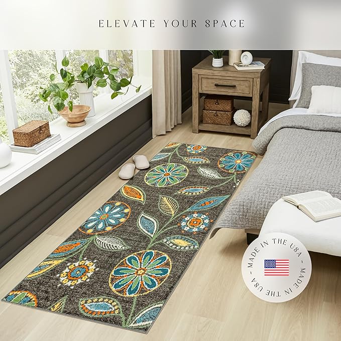 Maples Rugs Reggie Floral Runner Rug - Made in USA - Washable, Non Slip Indoor Carpet for Kitchen, Hallway, and Laundry Room, 2'6" x 8', Dark Grey