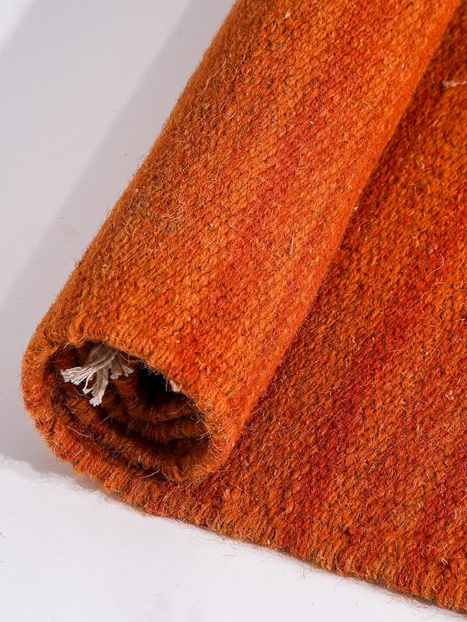 Rugsotic Carpets Hand Woven Flat Weave Kilim Wool ECO-Friendly Area Rugs - 10'x13', Rectangle Shape, Dark Orange Color, Solid Plain Design, Low Pile Handmade Rugs for Living Room (D00111)