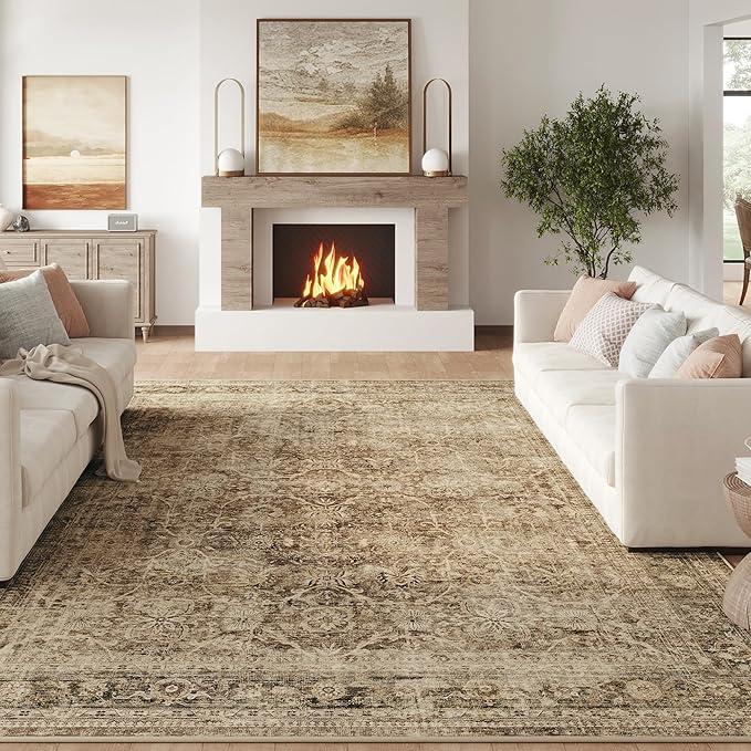 FMFUNCTEX 10x12 Washable Area Rug Brown Vintage Neutral Distressed Large Non Slip Carpet for Living Room Bedroom Soft Low Pile Indoor Mat Retro Floral Throw Rug for Dining Room Kitchen Office Nursery