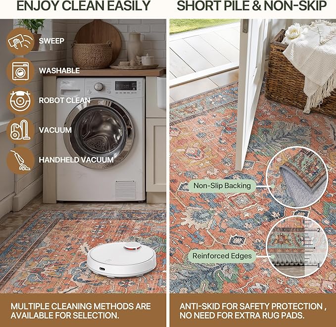 Area Rugs 8x10 Clearance Washable Boho Rug for Bedroom Living Room, Non Slip Thin Low Pile Chenille Carpet for Dining Room,Vintage Farmhouse, Terracotta/Blue