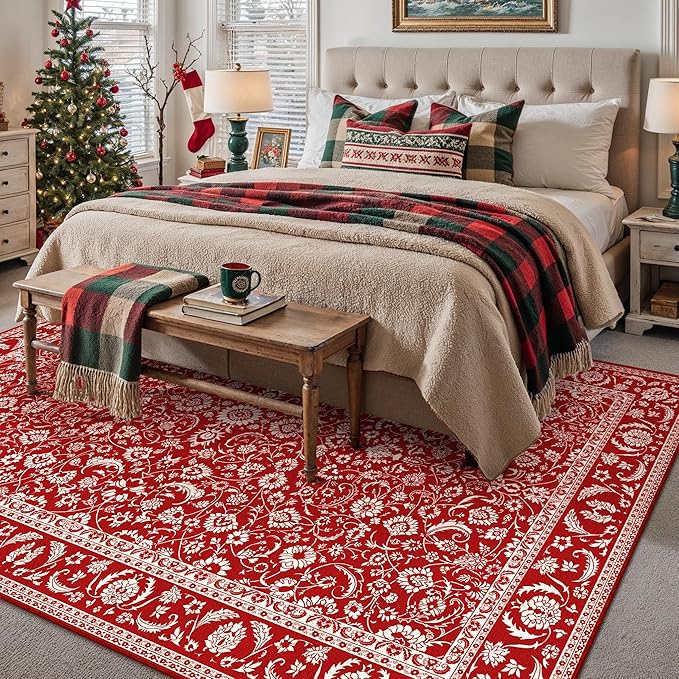 HUGEAR Christmas 9x12 Machine Washable Rugs Red Hallway Large Area Rug Indoor Accent Rug Floral Low Pile Carpet Soft Throw Aesthetic Rug Bedroom Living Room Office Dining Room Kitchen Laundry Room