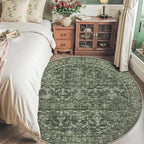 6ft Round Washable Area Rugs for Living Room, Vintage Boho Large Rug for Bedroom Dining Room Office, Distressed Floral Print Carpet for Under Table, Soft Non Slip Low Pile Throw Indoor Mat, Green