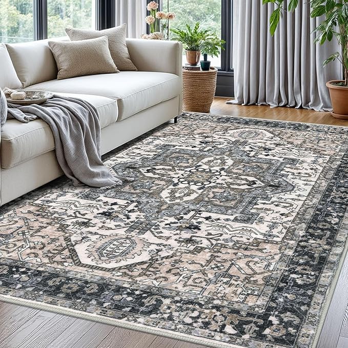 KOZYFLY Boho Area Rug 5x7 Ft Thin Washable Rugs for Living Room Faux Wool Throw Carpet Printed Non Slip Rug for Entryway Bedroom Dining Room Living Space, Black/Taupe/Beige