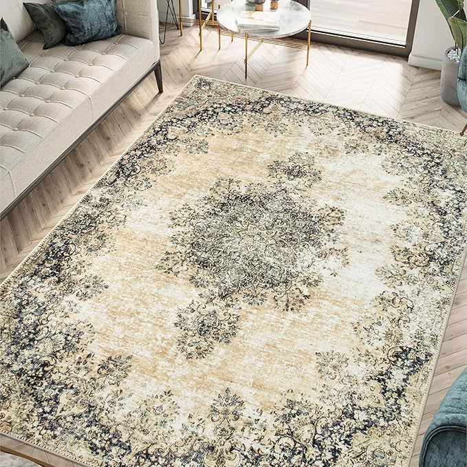 Keen Home Design 6x9 Rug - Machine Washable Area Rug with Non-Slip Backing, Ideal for Living Room, Dining Room, Bedroom - Vintage, Easy Clean, Durable, Low Pile - (6' x 9')