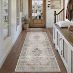 HUGEAR 2x6 Runner Rug Hallway Machine Washable Retro Taupe Green Vintage Floral Low Pile Carpet Distressed Long Throw Rug Bedroom Office Bathroom Kitchen Laundry Non Slip Soft Lightweight