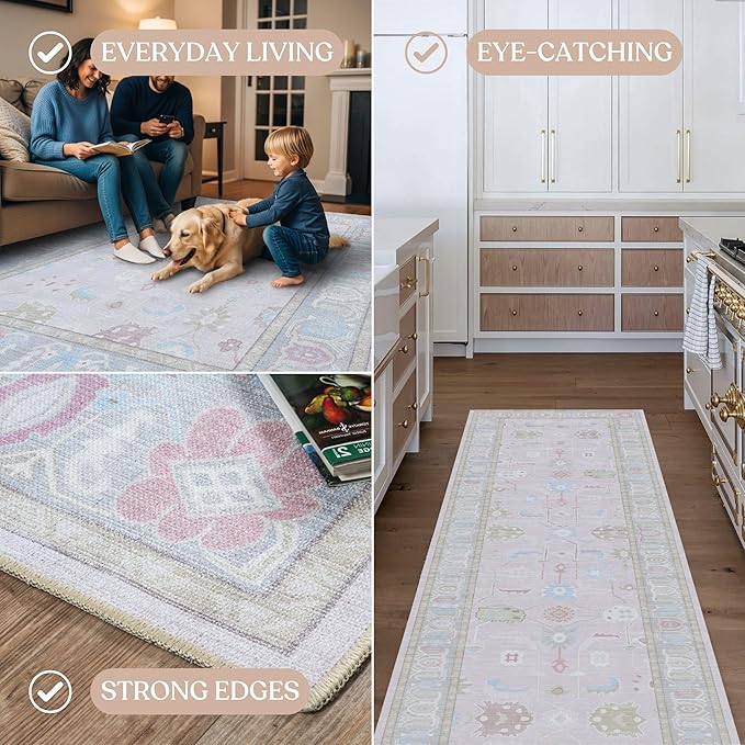 Fame Living Pink Oushak Rug, Modern, Vintage, Turkish, Eclectic, Floral, Pastel, Washable, Area Rugs for Living Room, Dining, Bedroom, Nursery, Girls, Boys, 5'9"x8'9"