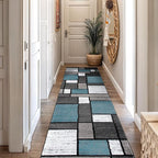 Rugshop Modern Geometric Boxes Blue Area Rug, Carpet with Jute Backing for Entryway, Kitchen, or Narrow Hall, 2' x 10'