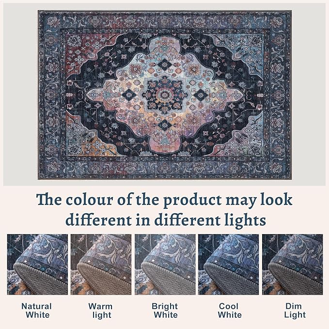 6x9 Area Rug Washable Rug for Living Room, Vintage Rug Indoor Non Slip Large Area Rugs, Print Distressed Brown Carpet, Soft Low Pile Foldable for Dining Room Bedroom Office Navy/Multi