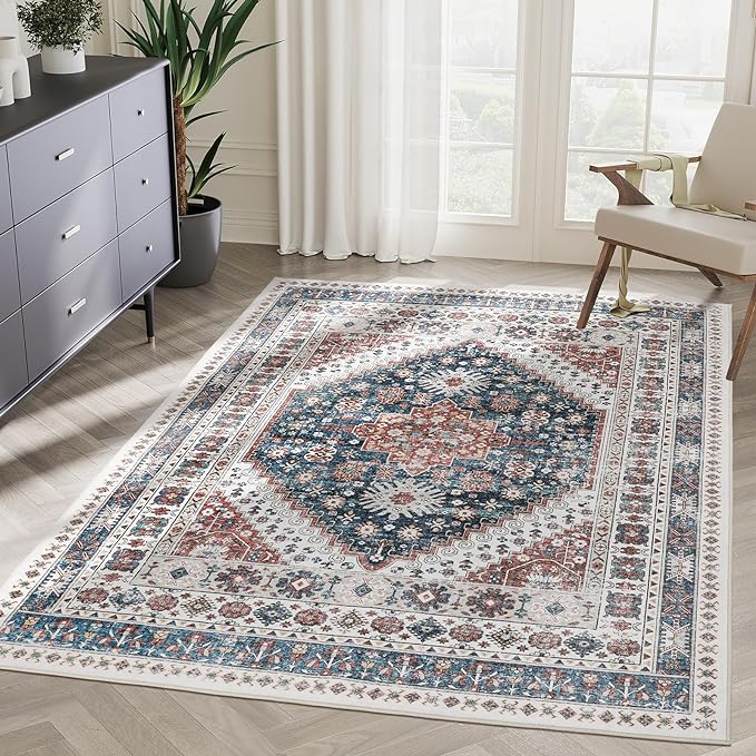 zesthome 5x7 Area Rugs - Ultra-Thin Washble Rug, Stain Resistant Anti Slip Backing Rugs for Living Room,Bedroom, Vintage Home Decor Area Rug (Navy Blue/Red,5'x7')