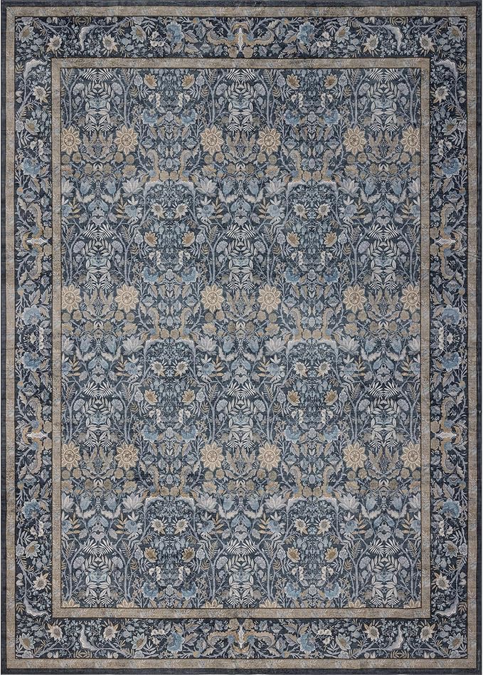 Washable Living Room Rug: 3x5 Boho Floral Soft Area Rug for Bedroom Decor - Vintage Low Pile Thin Carpet for Dining Room Non-Slip - Farmhouse Stain Resistant Rugs - Slate Blue