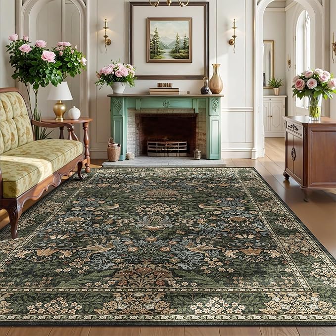6x9 Floral Washable Area Rug for Living Room, Vintage Boho Rugs for Bedroom Dining Room, Botanical Birds Non Slip Low Pile Forest Throw Carpet for Farmhouse Office, Retro Gold/Green