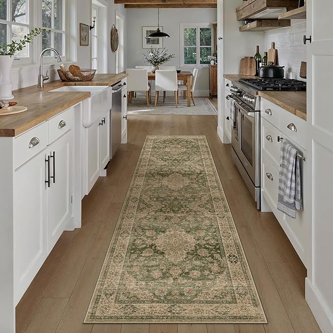 HUGEAR 2x8 Runner Rug Hallway Machine Washable Retro Green Vintage Floral Low Pile Carpet Distressed Long Throw Rug Bedroom Office Bathroom Kitchen Laundry Non Slip Soft Lightweight