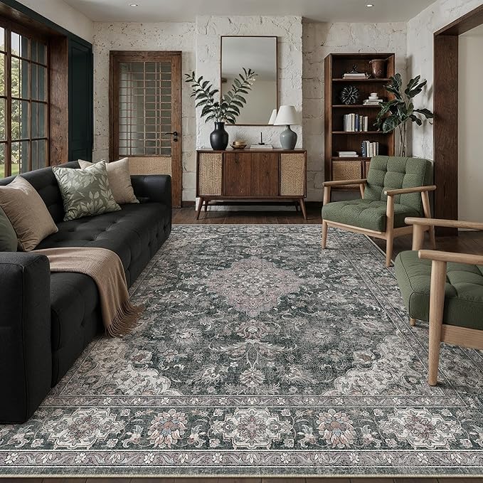 HUGEAR Retro Black Area Rug 8x10 Machine Washable Living Room Rugs Distressed Vintage Floral Low Pile Carpet Bedroom Office Dining Room Laundry Room Non Slip Soft Lightweight