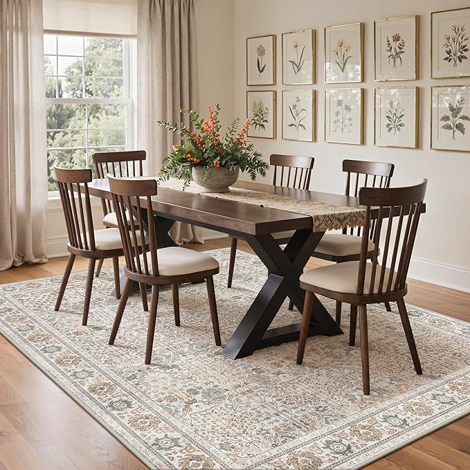 Bavni Washable Rugs 8x10-Machine Washable Rug Lightweight Low Pile, Vintage Floral Rug Non-Shedding Distressed Throw Carpet for Living Room Bedroom Office, Beige Gery