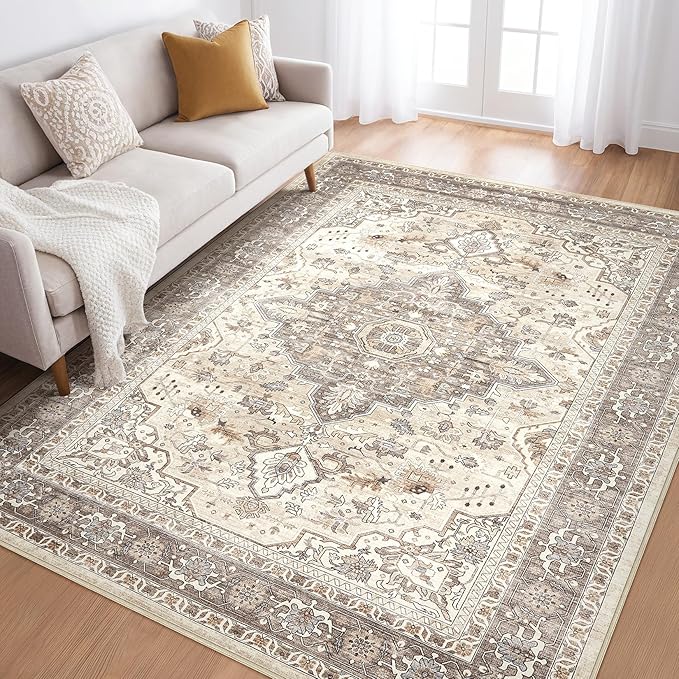 6x9 Area Rugs Living Room: Washable Boho Large Neutral Vintage Soft Rug Stain Resistant Farmhouse Non Slip Indoor Floor Carpet for Bedroom Nursery Kids Playroom Office Dining Room- Beige Brown