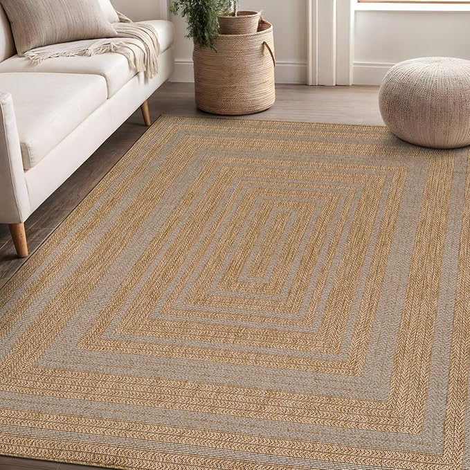 Beverly Rug Easy Jute Framed Border Rug 6x9 Washable Durable Indoor Outdoor Area Rugs for Living Dining Room Patio Office Stain Resistant Non Shedding Casual Indoor Outside Carpet 6 x 9 Natural