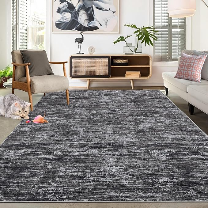 RUGSREAL 8x10 Washable Rug for Living Room Non-Slip Modern Abstract Area Rug Stain Resistant Large Bedroom Rug Contemporary Accent Throw Floor Carpet Solid Rug for Dining Room Home Decor, Dark Grey