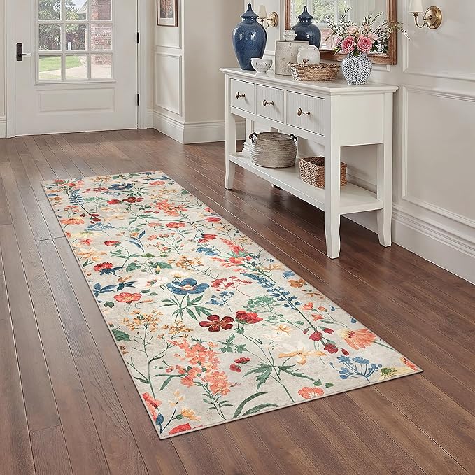 Floral Runner Rug 2x6 Washable Hallway Long Beige Bedroom Carpet Non Slip Indoor Boho Kitchen Low Pile Accent Rug Lightweight Soft for Bathroom Dining Laundry Living Room