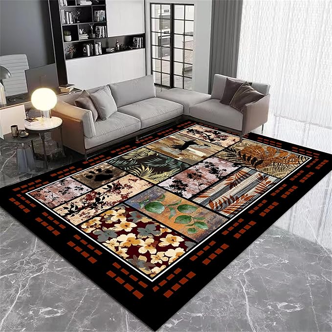 Rustic Cabin Area Rug 5x8ft, Animal & Moroccan Plaid Pattern Vintage Boho Carpet, Stain-Resistant Pet-Friendly & Non-Slip Low Pile for Living Room, Bedroom, Dining Room