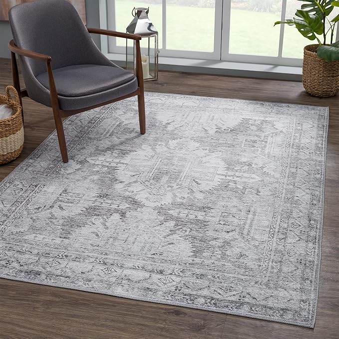 Bloom Rugs Washable 5' x 7' Rug - Ivory/Silver Gray Traditional Area Rug for Living Room, Bedroom, Dining Room, and Kitchen - Exact Size: 5' x 7'