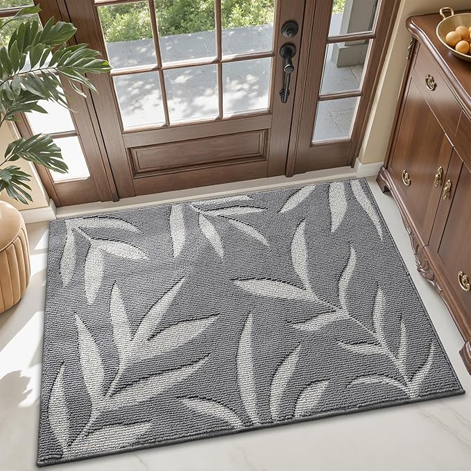 LUMI Indoor Door Mat 36x60, Washable Front Doormat with Welcome Leaf Pattern, Non-Slip Rubber Back Absorbent Mats for Entrance, Patio, Garage, Light Grey