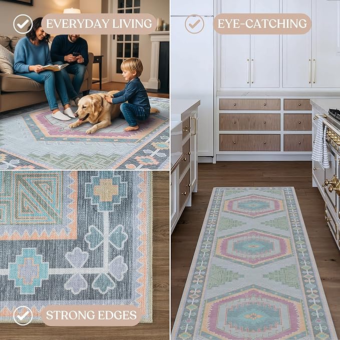 Fame Living Washable Area Rug. Modern Farmhouse. Vintage. Turkish. Bohemian. Distressed. Oriental. Traditional. Rugs for Living Room. Dining. Bedroom. Office. Entryway. Foyer. (856GP, 2'5" x 13')