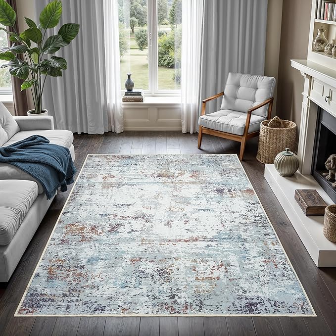 GLN Rugs Contemporary Collection - Machine Washable Area Rug, Contemporary Washable, Non Slip, Low Pile Chenille Rug, Living Room, Bedroom, Kitchen Rug (5' x 7' White/Grey/Blue/Brown)