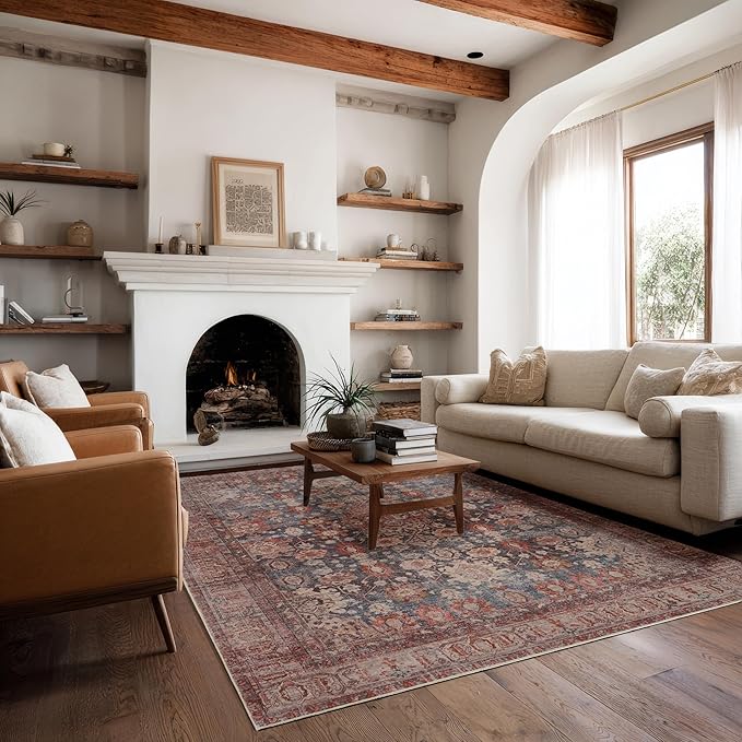Kuden 5x7 Area Rug, Machine Washable Area Rug with Non-Slip Backing, Vintage Style, Soft, Easy Clean, Low Pile Rug for Living Room, Bedroom, Dining Room
