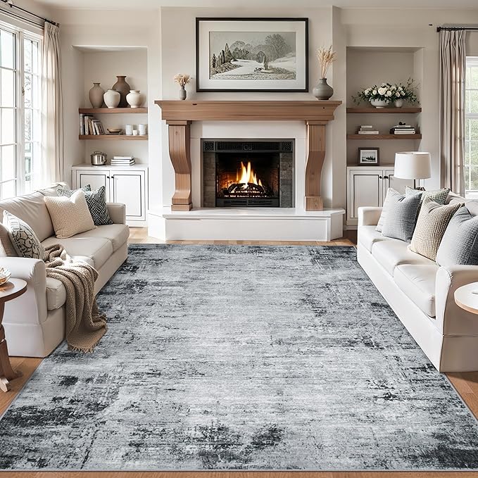 Area Rugs 9x12 Living Room - Washable Rug Modern Abstract Soft Large Neutral Non-Slip Carpet Indoor Floor Thin Carpets for Bedroom Dining Room Farmhouse Nursery Home Office Black