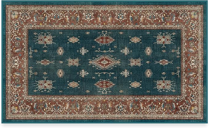 RUGGABLE Washable Vintage Area Rug – Verena Teal Blue 3x5, Stain-Resistant, Non-Slip – Small Machine Washable Rugs for Living Room, Bedroom, Hallway, Entryway & Office–with Standard Pad
