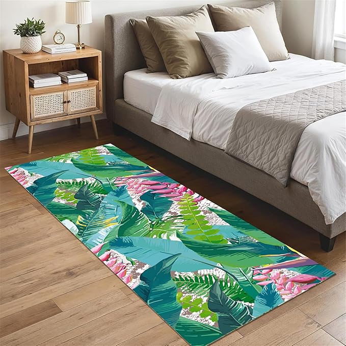 Tropical Rug Runner 2x6ft - Non-Slip Durable Floral Leaf Pattern Carpet for Hallway, Stairs, Entryway, Easy Clean Floor Decor