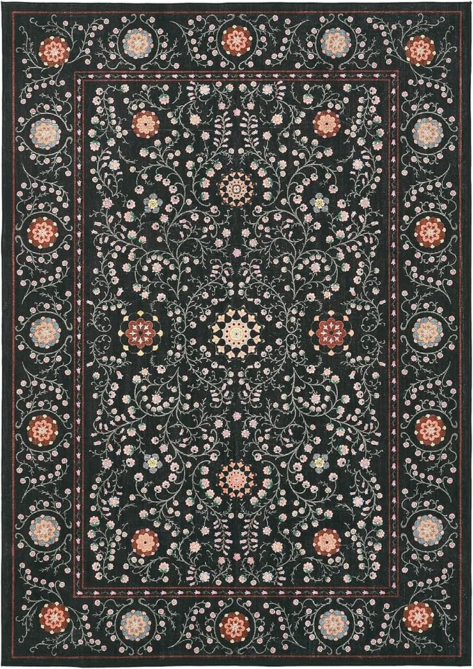 GarveeHome Boho 8x10 Area Rugs for Living Room, Floral Vintage Rugs for Bedroom with Soft Low Pile, Non Slip Stain Resistant Washable Rug 8x10 for Dining Room Black Large Carpet for Office Playroom