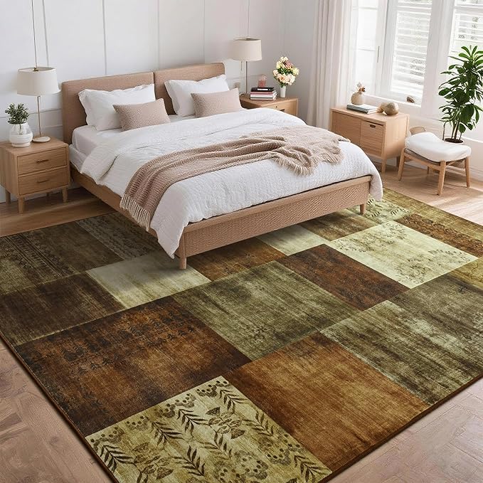 Tepook Modern Area Rug for Living Room, 4x6 Geometric Large Rugs for Bedroom, Washable Patchwork Rug Indoor Non-Slip Throw Carpets for Dining Room Office Farmhouse Home Decor, Brown