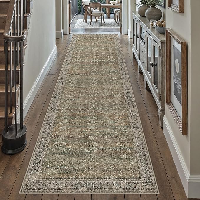 3x10 Brown Area Rug Runners for Hallways Washable Vintage Distressed Carpet Low Pile Non Slip Indoor Retro Soft Long Accent Rug Bedroom Kitchen Bathroom Laundry Dining Living Room
