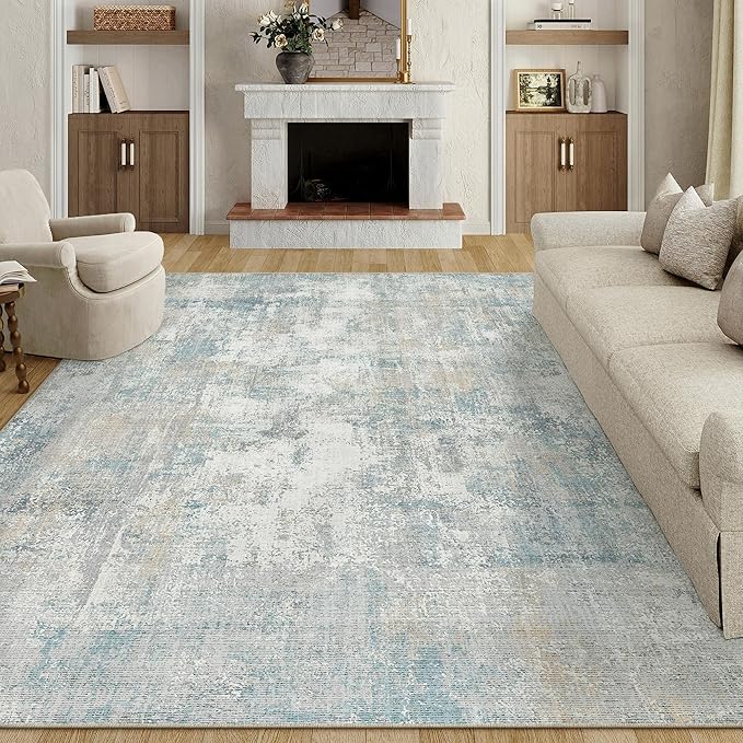 8x10 Washable Area Rug Blue Cream Abstract Living Room Bedroom Carpet Neutral Modern Non-Slip Soft Low Pile Lightweight Vacuumable Large Throw Rug for Dining Room