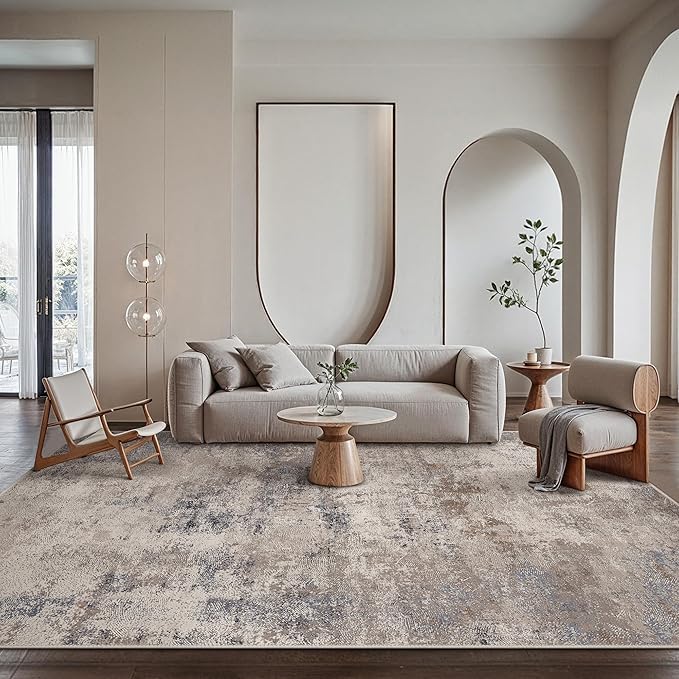 GENIMO Washable 8x10 Area Rugs for Living Room, Non Slip Modern Abstract Rug, Machine Washable Stain Resistant Low Pile Soft Carpet for Bedroom, Dining, Office,Grey Beige