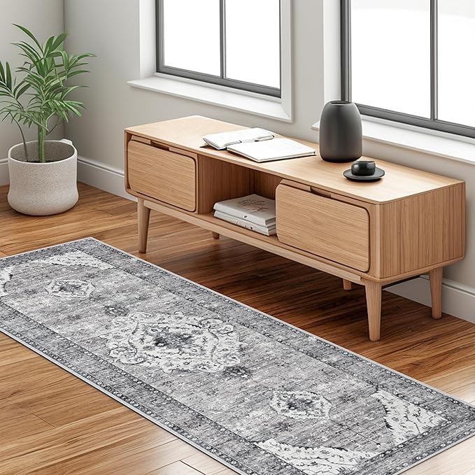 Runner Rugs for Hallway 2x6 Ft Non-Slip Fall Runner Rugs with Rubber Backing Washable Rug Runner for Kitchen Bedroom Vintage Distressed Carpet (Border Grey)